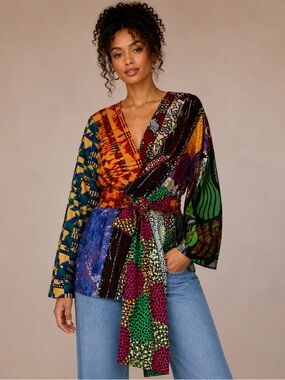 Shenbolen Patchwork Wrap Jacket Blouse Long Sleeve Top Tie Waist XL Art Print